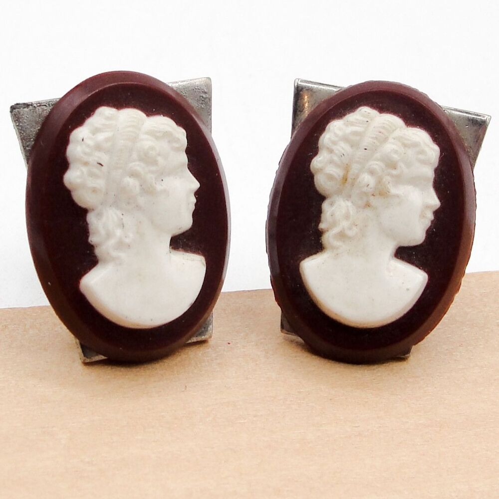 Vintage Silver Tone Victorian Goddess Lady Cameo Cufflinks Brown White MCM